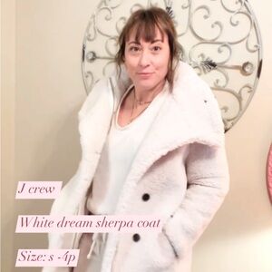 J.Crew White Sherpa Coat with pockets and gold zipper.